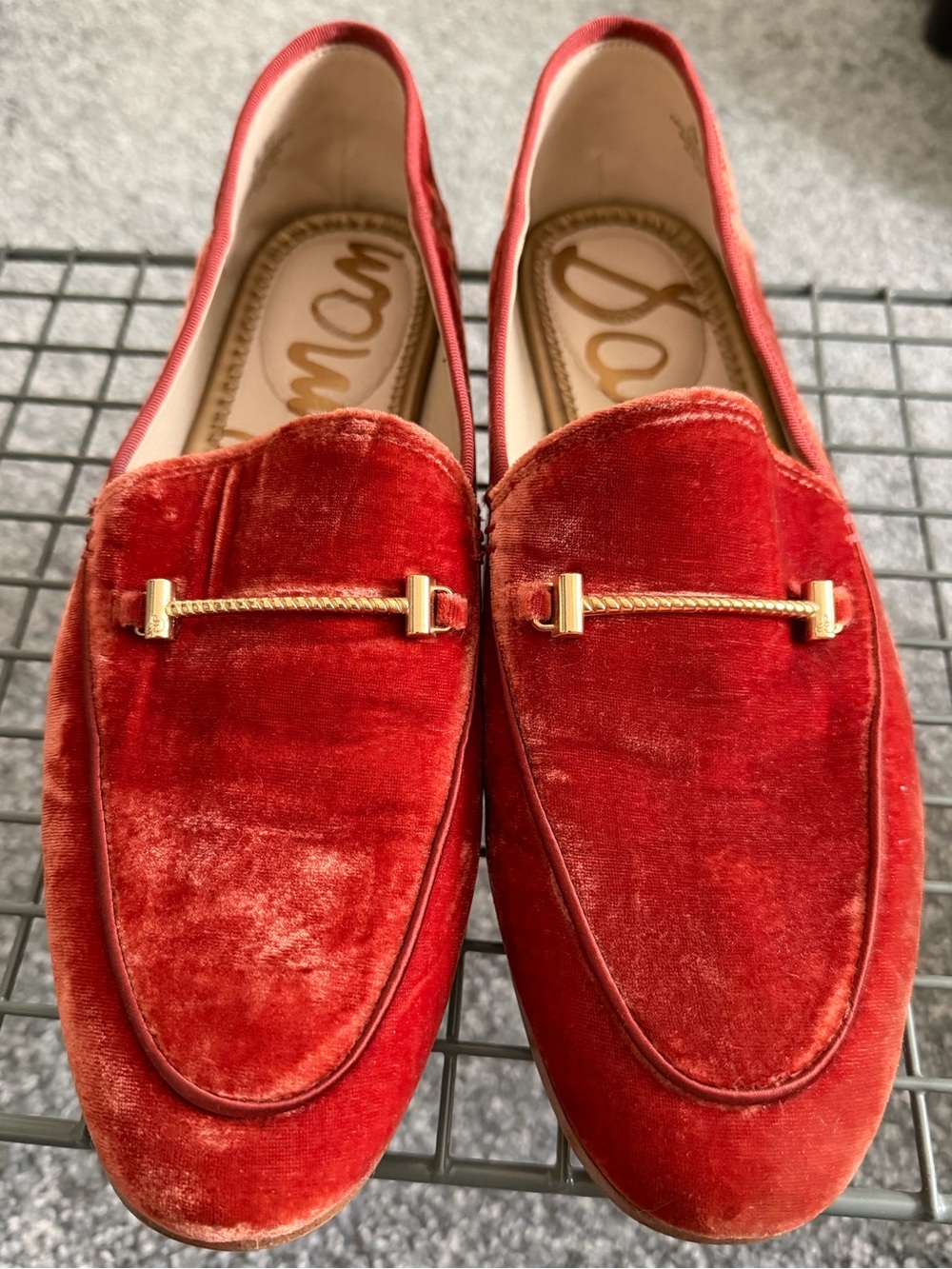 Sam Edelman Red/Orange Velvet Women’s Slip-On Loafers with Gold Accent